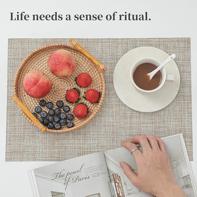 Leetaltree Linen Yellow Placemats Set of 4 - Heat Resistant Non-Slip Place mats for Dining Table, Washable Durable PVC Vinyl Woven Table Mats（Linen Yellow, 4）