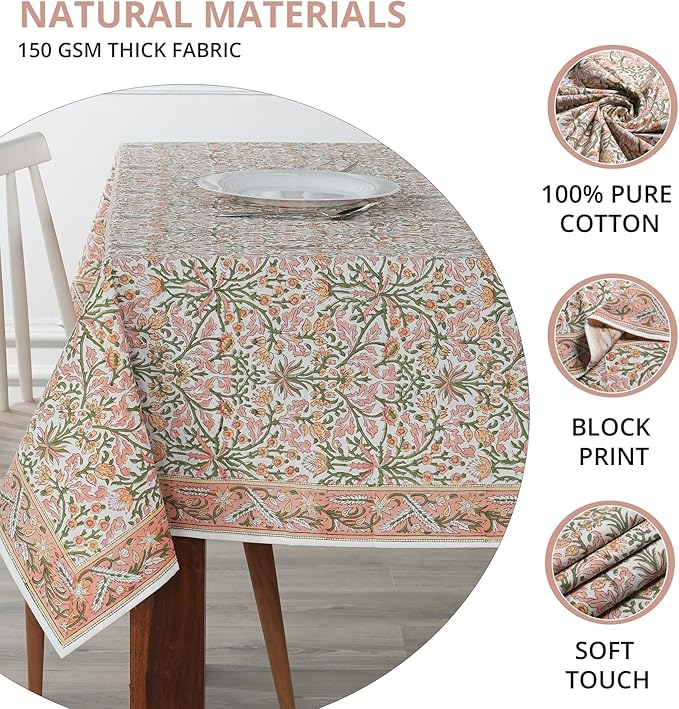 Ridhi Sassy Salmon Pink Hand Block Print Cotton Rectangle Tablecloth 160 x 72 inch-Reusable Table Cover Decorative Everyday Use for Dining Room, Farmhouse, Thanksgiving, Christmas Wedding, Fall