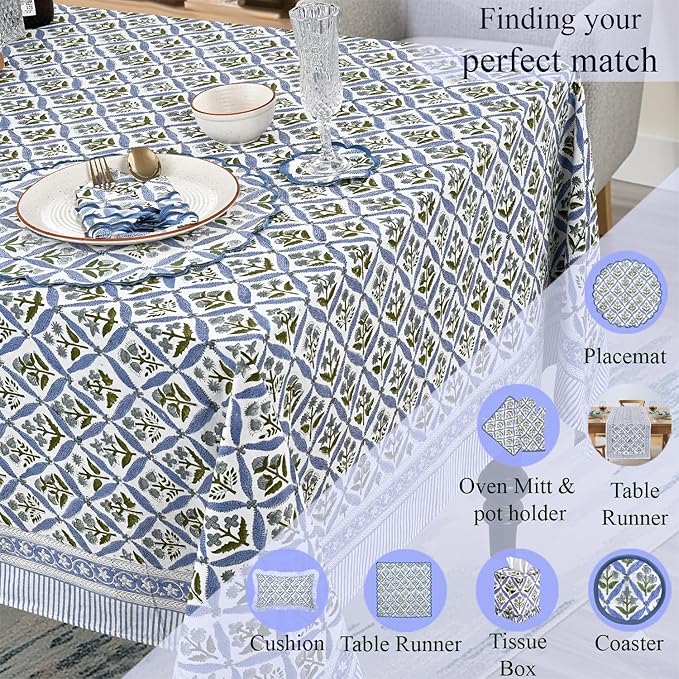 Ridhi Light Steel Blue Hand Block Print Cotton Rectangle Tablecloth 120 x 60 inch-Reusable Table Cover Decorative Everyday Use for Dining Room, Farmhouse, Thanksgiving, Christmas Wedding, Fall