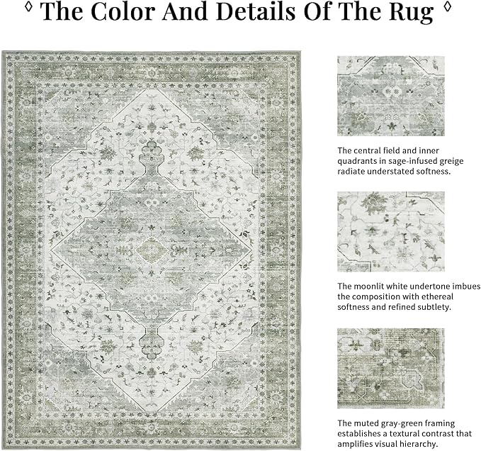Area Rug for Living Room - Indoor Vintage Machine Washable Rug for Bedroom Dinning Room Office - Floor Carpet Non-Slip Backing Rugs Floral Soft Low-Pile (Sage Green, 5' × 7')