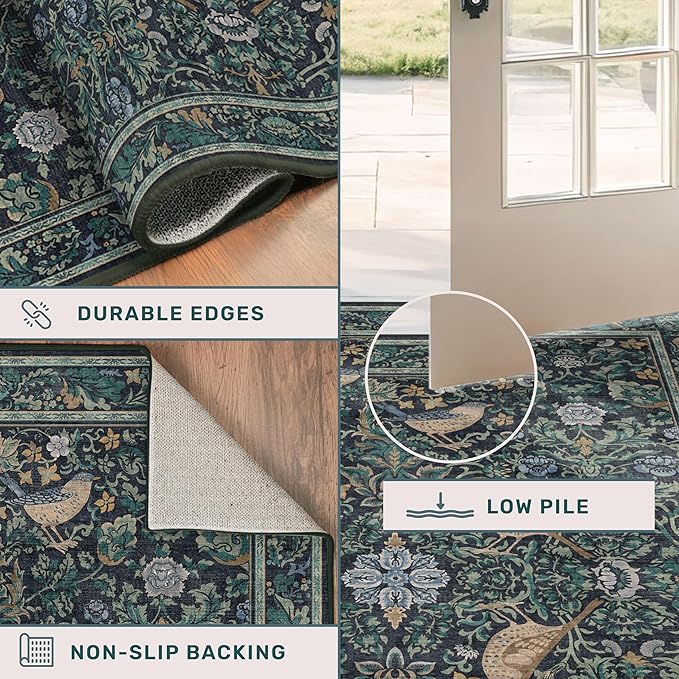 Cottagecore 5x8 Throw Rugs for Living Room, Washable Forest Rugs for Dining Room, Non Slip 5 by 8 Bedroom Under Bed, Low Pile Soft Carpet (Navy Blue & Deep Teal)