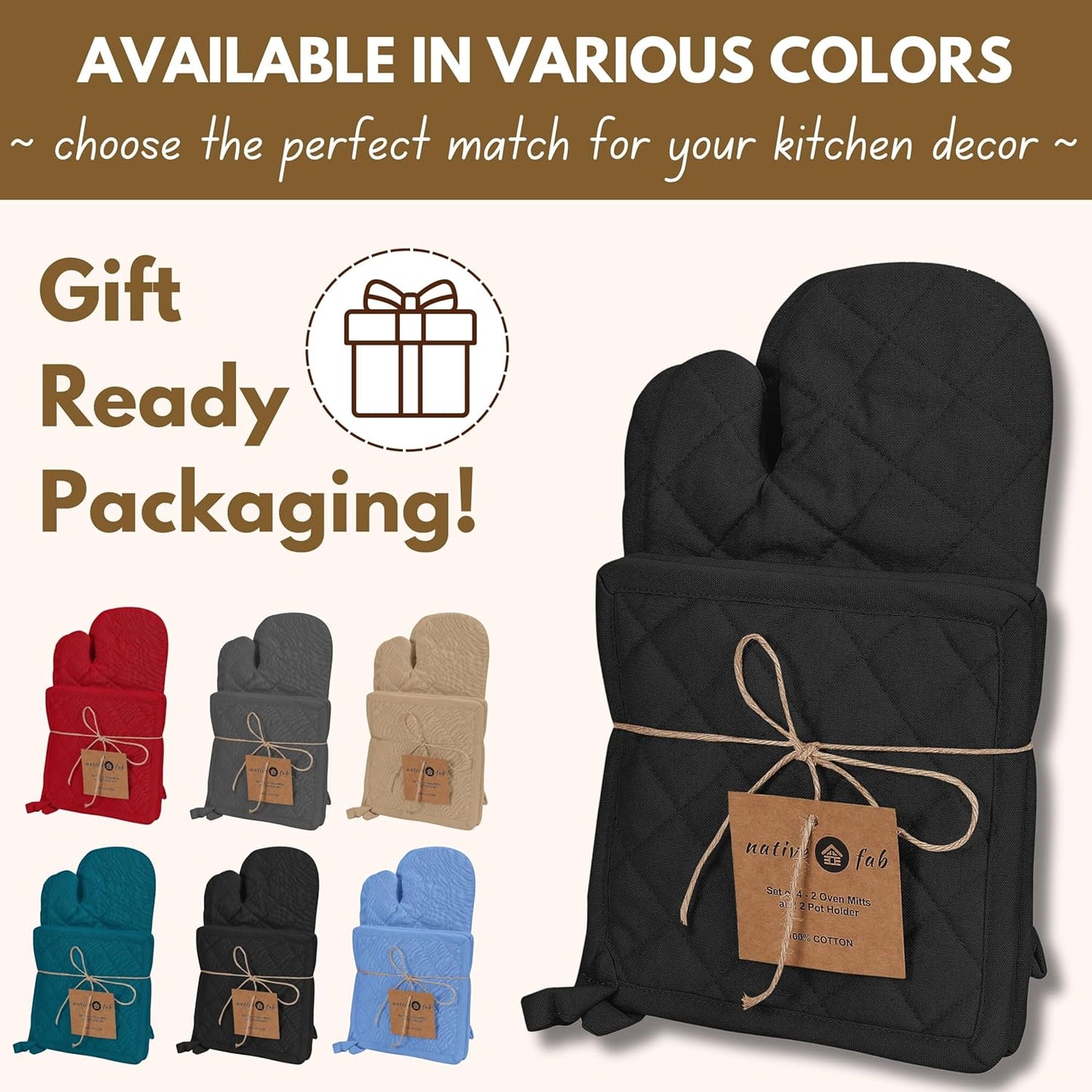 Native Fab Pot Holders and Oven Mitts Sets for Kitchen Heat Resistant - Hanging Non-Slip - 100% Cotton Kitchen Oven Mitts and Pot Holders 4-Piece Set - Black