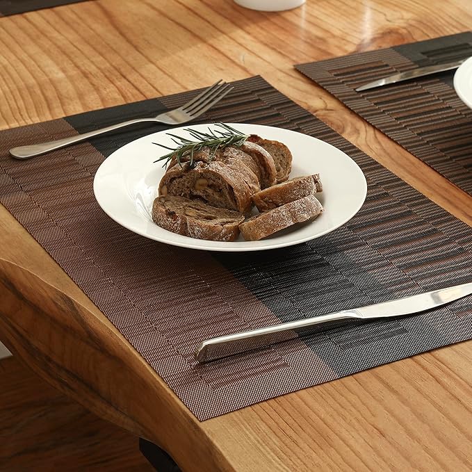 Leetaltree Brown with Black Striped Placemats Set of 8 - Heat Resistant Non-Slip Place mats for Dining Table, Washable Durable PVC Vinyl Woven Table Mats（Brown Stripe, 8）