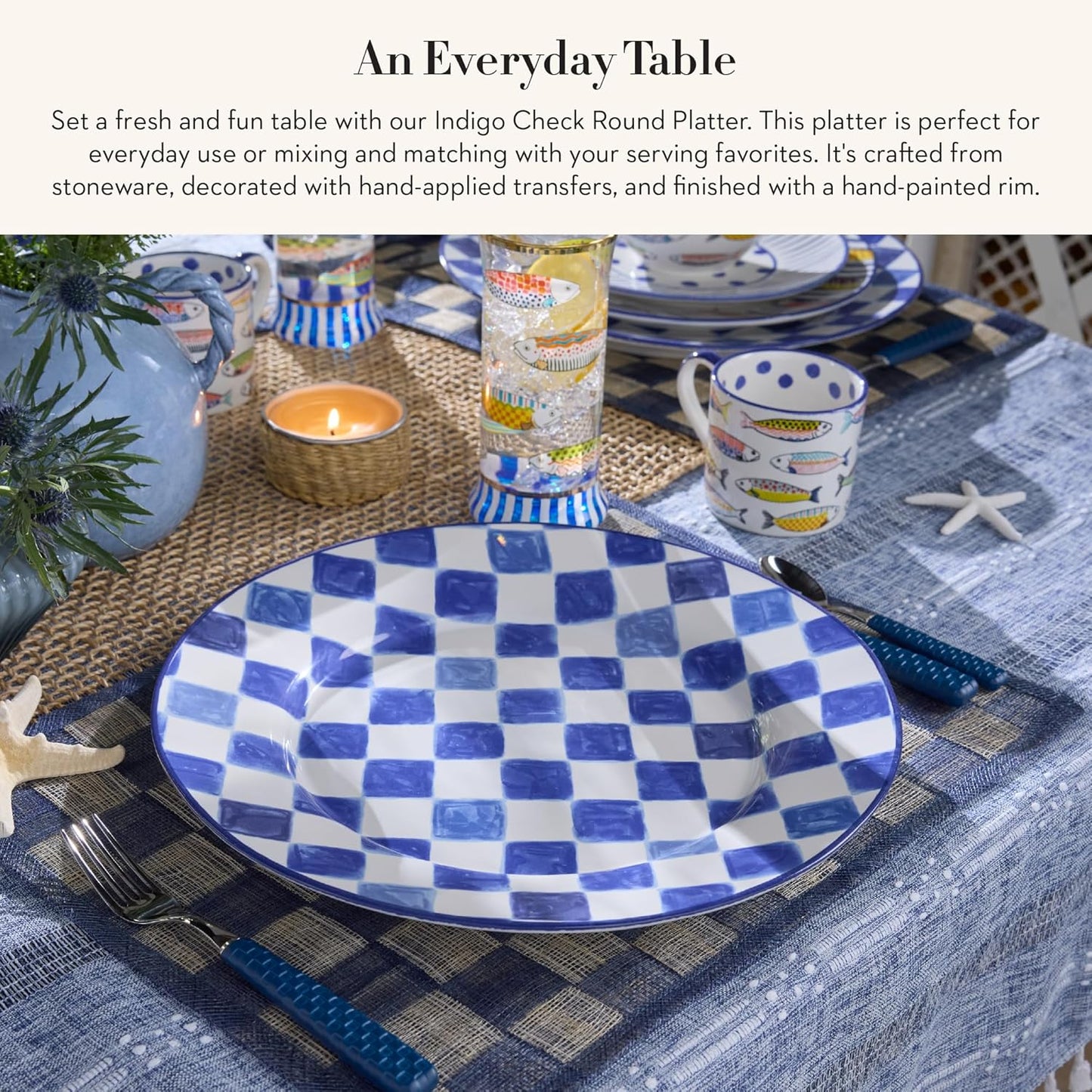 MACKENZIE-CHILDS Round Platter, Dishwasher-Safe and Microwave-Safe Stoneware Serving Platter, Indigo Check