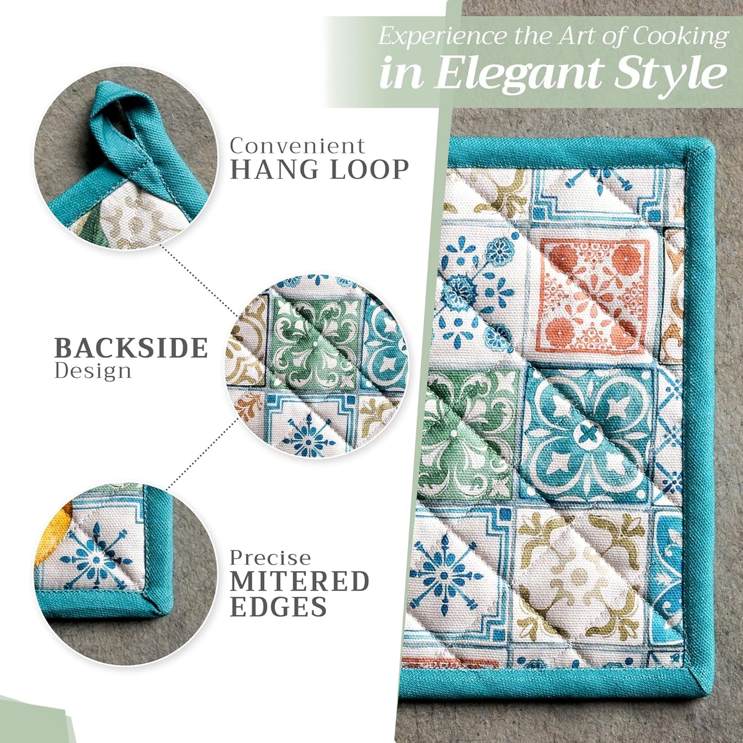 Maison d' Hermine Pot Holders Set 100% Cotton Heat Resistant Potholders 8" x 8" Hot Pads with Loop BBQ, Cooking, Baking, Grilling, Kitchen, Handling Hot Pans Spring/Summer (Pack of 2, Agrume)