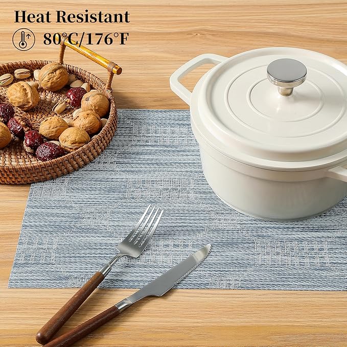 Leetaltree Jacquard Blue Placemats Set of 4 - Heat Resistant Non-Slip Place mats for Dining Table, Washable Durable PVC Vinyl Woven Table Mats (Jacquard Blue, 4)