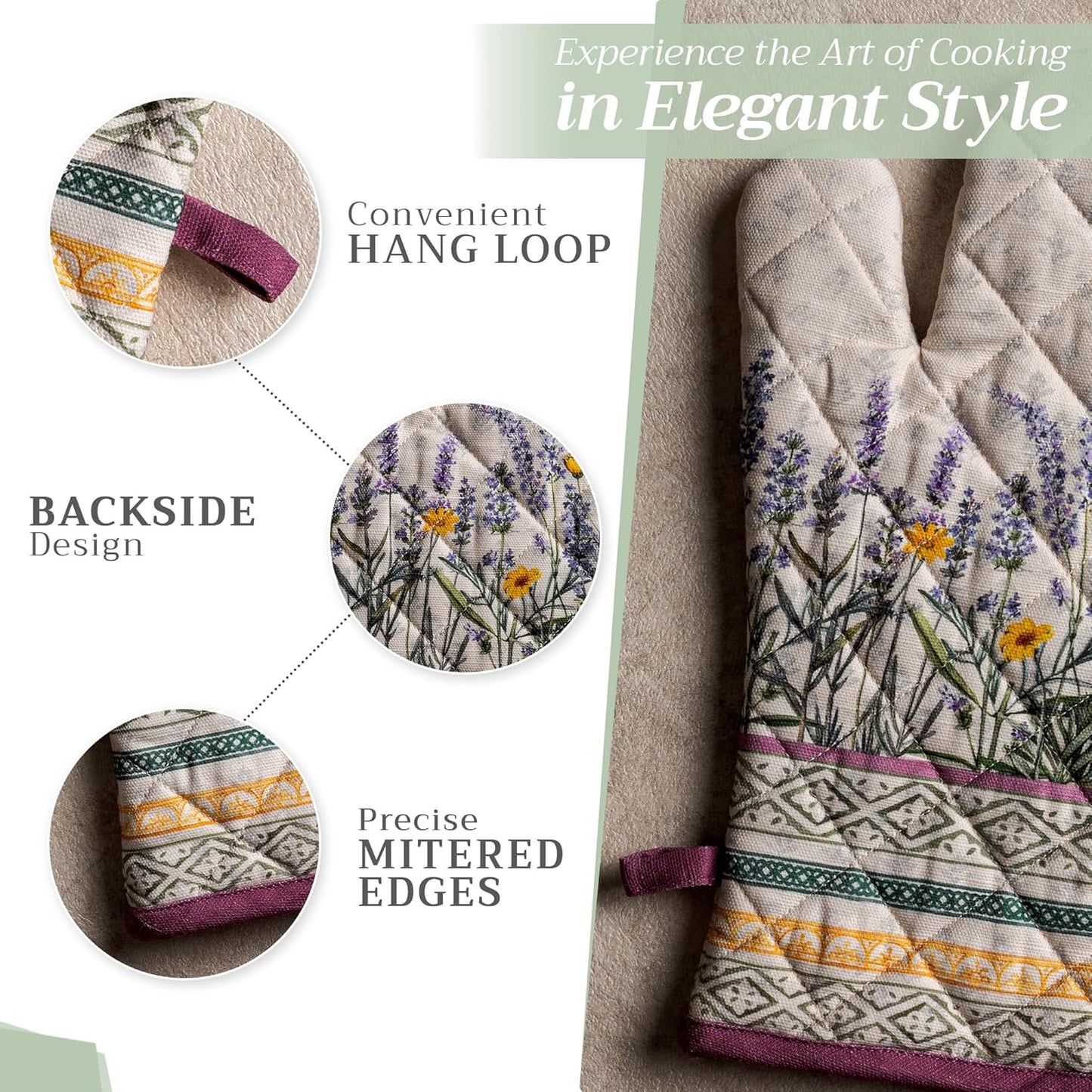 Maison d' Hermine 100% Cotton Oven Mitt & Pot Holder Set (7.5"x13" & 8"x8") Heat Resistant BBQ Cooking Gloves with Loop, Baking, Grilling, Kitchen, Handling Hot Pans Spring/Summer (Fanny Lavender)