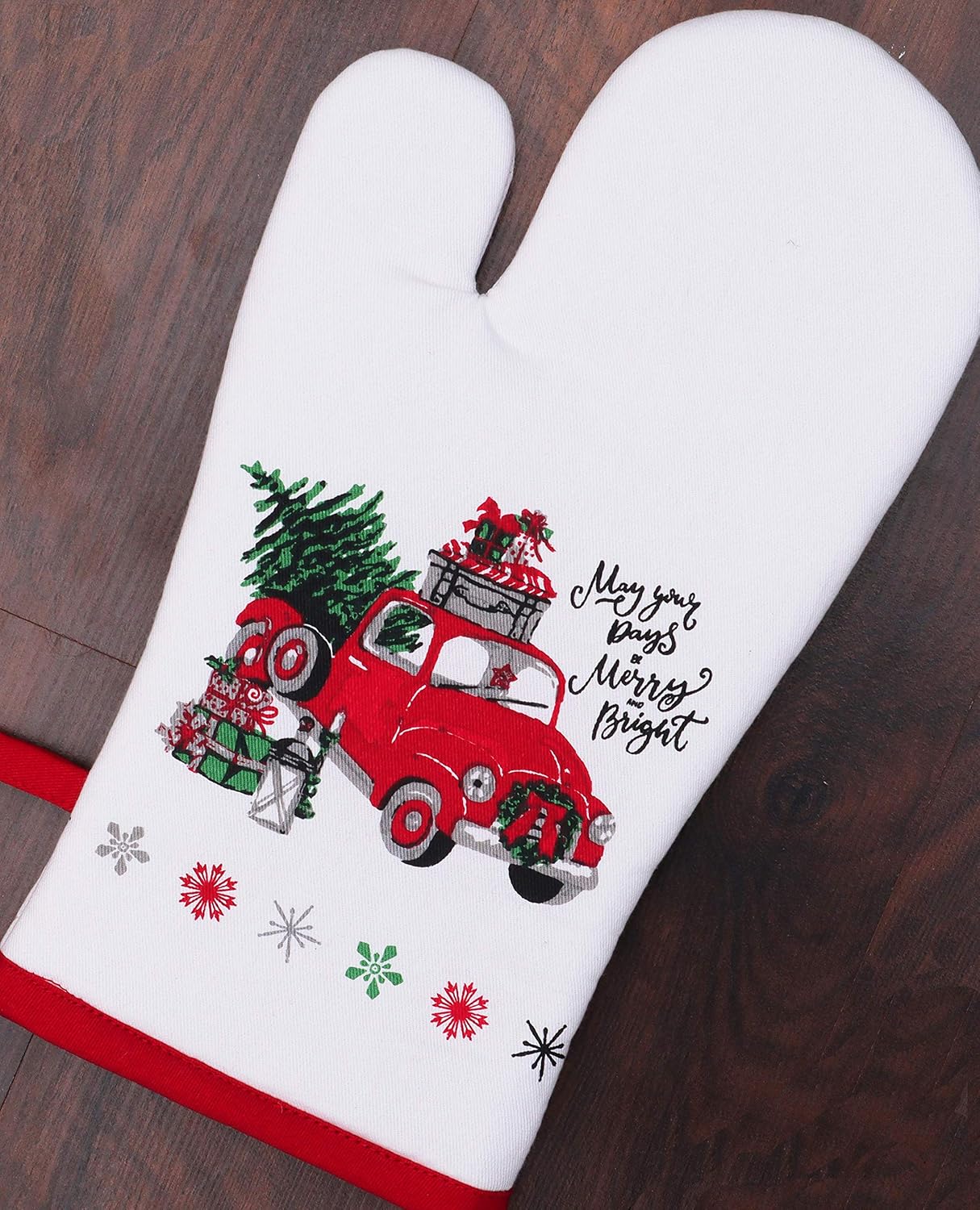 AMOUR INFINI Oven Mitts Set of 1 Quilted Liner with Hanging Loop Non Slip, Heat Resistant, Washable Reusable Oven Mitt (Unique Merry Christmas 7x13 Inches)