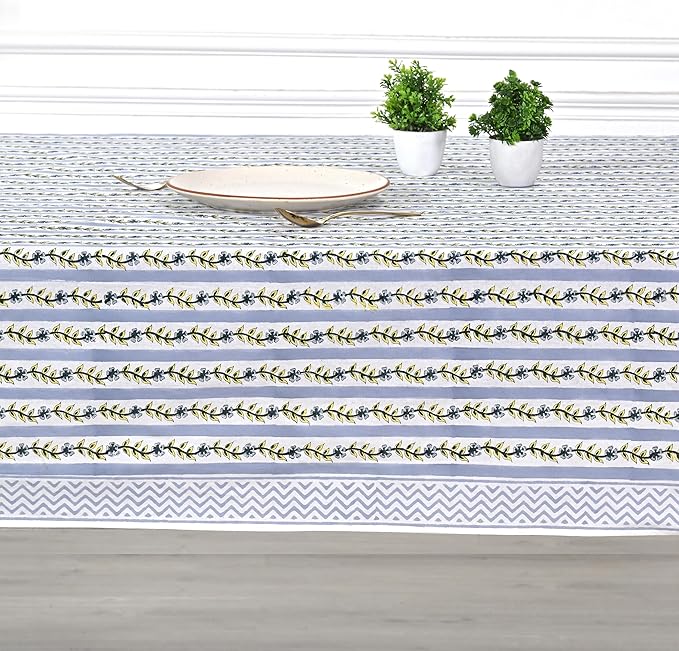 Ridhi Dolphin Grey Hand Block Print Cotton Rectangle Tablecloth 108 x 70 inch-Reusable Table Cover Decorative Everyday Use for Dining Room, Farmhouse, Thanksgiving, Christmas Wedding, Fall