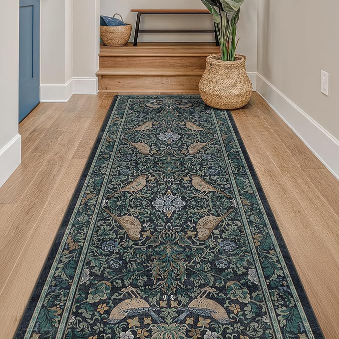 Boho Vintage 2'6"x8' 8ft Hallyway Long Runner Rug - Non Slip Washable Front Door Rug Indoor Entrance, Kitchen, Bathroom, Low Pile & Soft Woodland Floral Kitchen Floor Mats