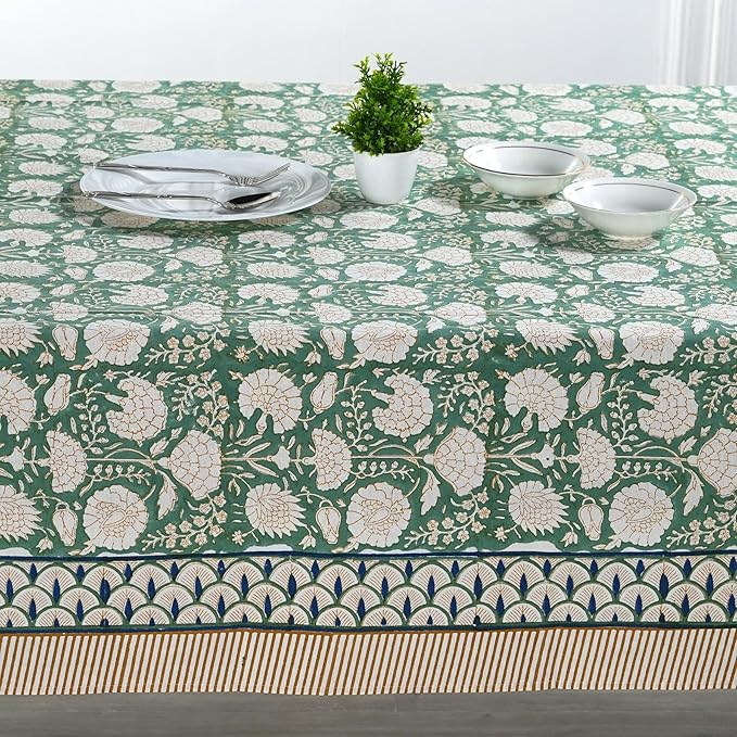 Ridhi Turquoise Moss Green Hand Block Print Cotton Rectangle Tablecloth 108 X 60 inches Reusable Table Cover Decorative Everyday Use for Dining Room, Farmhouse, Home, Party, Festive & Wedding, Fall