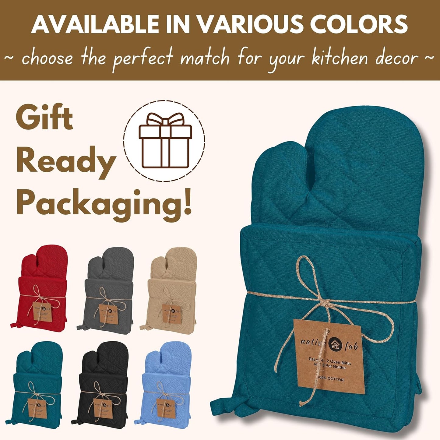 Native Fab Pot Holders and Oven Mitts Sets for Kitchen Heat Resistant - Hanging Non-Slip - 100% Cotton Kitchen Oven Mitts and Pot Holders 4 Piece Set - Teal