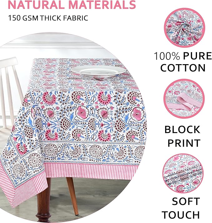 Ridhi Pigeon Blue Hand Block Print Cotton Rectangle Tablecloth 120 x 80 inch-Reusable Table Cover Decorative Everyday Use for Dining Room, Farmhouse, Thanksgiving, Christmas Wedding, Fall