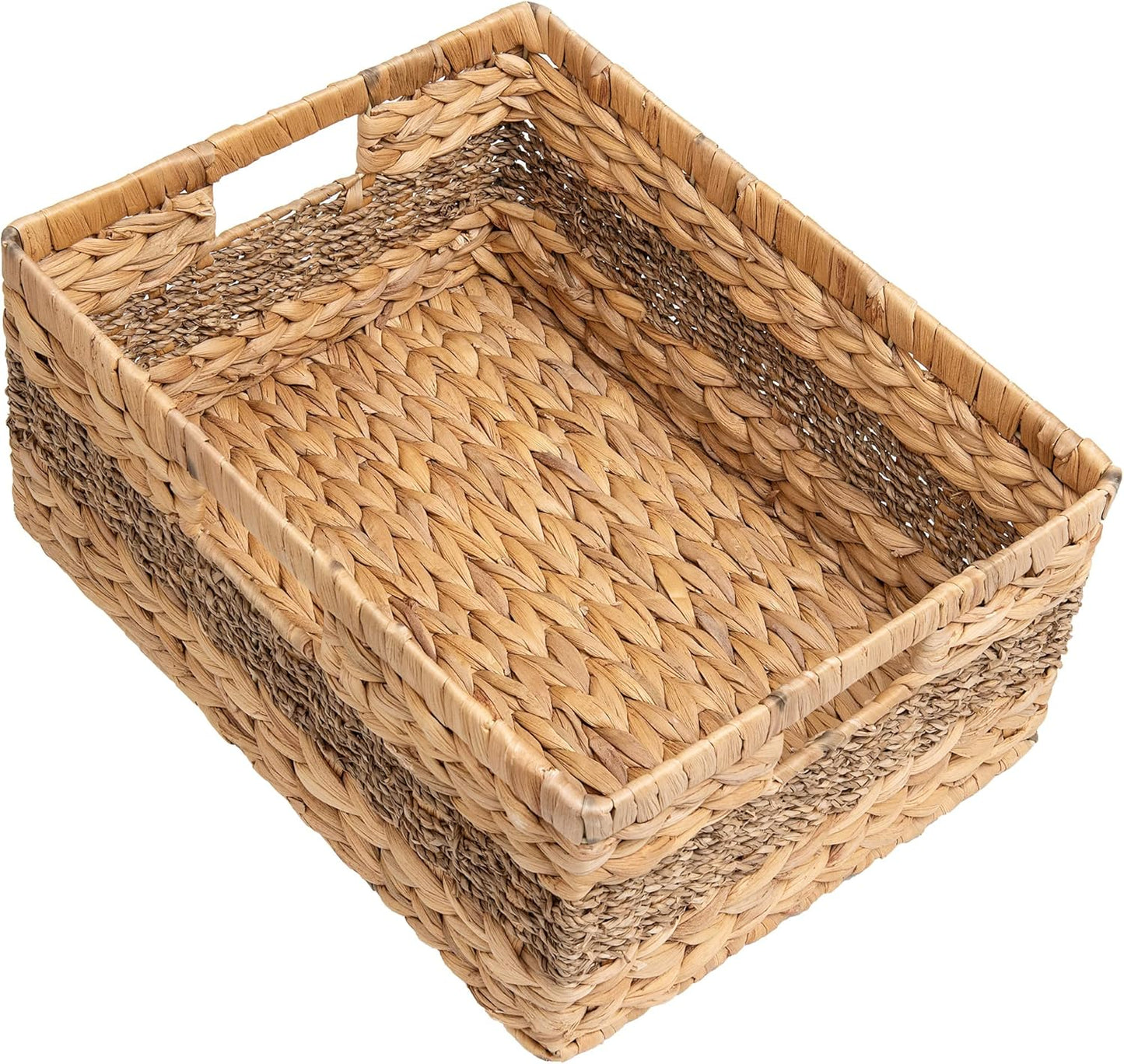 StorageWorks Jumbo Rectangular Wicker Basket, Water Hyacinth and Seagrass Storage Basket with Built-in Handles, 1 Pack