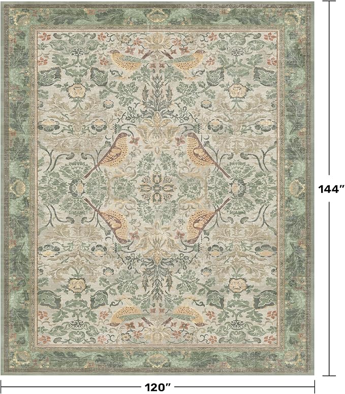 Botanical Sage Rug for Living Room - Washable 10x12 Area Rug for Dining Room Under Table, Extra Large Bedroom - Boho Bird Farmhouse Light Green Decor, Soft Low PileNon-Slip & Stain Resistance