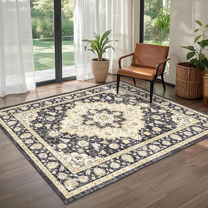 Area Rug for Living Room - Indoor Machine Washable Vintage Rugs for Bedroom Dinning Room Floor Carpet Non-Slip Backing Rugs Floral Soft Low-Pile Office Rug (Black/Beige, 6' × 9')
