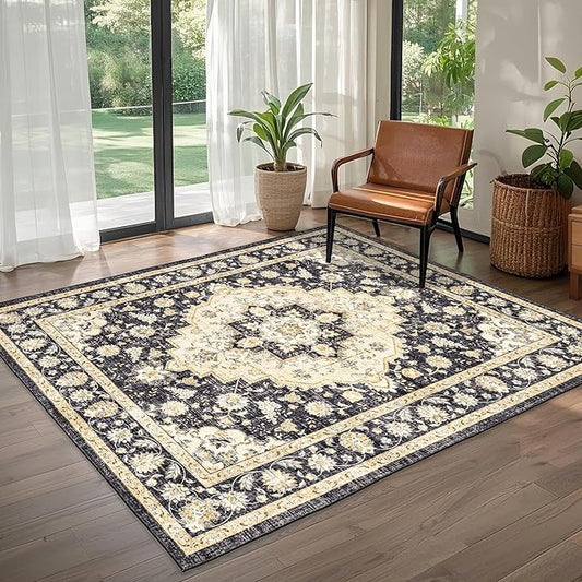 Area Rug for Living Room - Indoor Machine Washable Vintage Rugs for Bedroom Dinning Room Floor Carpet Non-Slip Backing Rugs Floral Soft Low-Pile Office Rug (Black/Beige, 6' × 9')