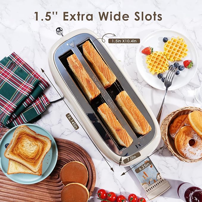Roter Mond 4 Slice Toaster Retro Stainless Steel Toaster with Bagel, Cancel, Defrost Function and 6 Bread Shade Settings Bread Machine, Long Extra Wide Slots and Removable Crumb Tray, Cream