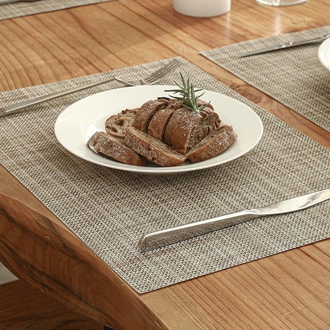 Leetaltree Linen Yellow Placemats Set of 12 - Heat Resistant Non-Slip Place mats for Dining Table, Washable Durable PVC Vinyl Woven Table Mats（Linen Yellow, 12）