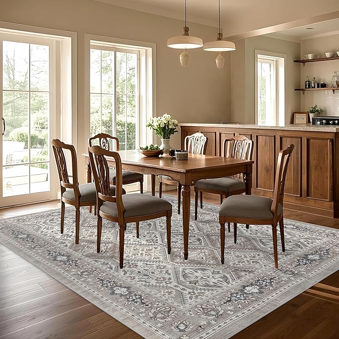 Area Rug for Living Room - 9x12 Vintage Taupe Neutral Washable Rug for Bedroom Dinning Room - Soft Low-Pile Oriental Carpet Non-Slip Tan Rugs for Office - Soft Brown