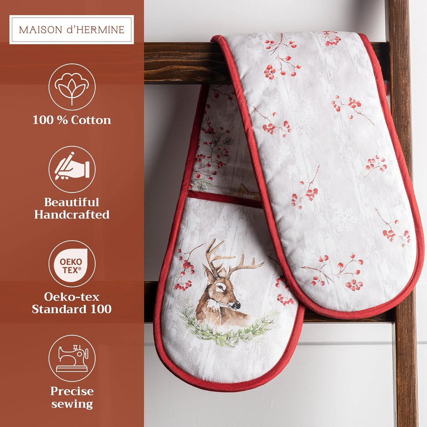 Maison d' Hermine Double Oven Mitt 100% Cotton Heat Resistant Cooking Gloves with Loop, Baking Barbeque, Handling Hot Pan, Mountain Life- Thanksgiving/Christmas (7 Inch x 35 Inch)