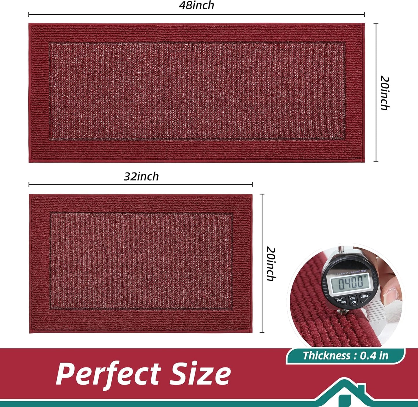BEQHAUSE Kitchen Rugs and Mats Set of 2 Non-Slip Kitchen Mats for Floor, Absorbent and Stain Resistant Kitchen Runner, Machine Washable Rugs for Kitchen, Laundry & Sink, 20"x32"+20"x48", Red