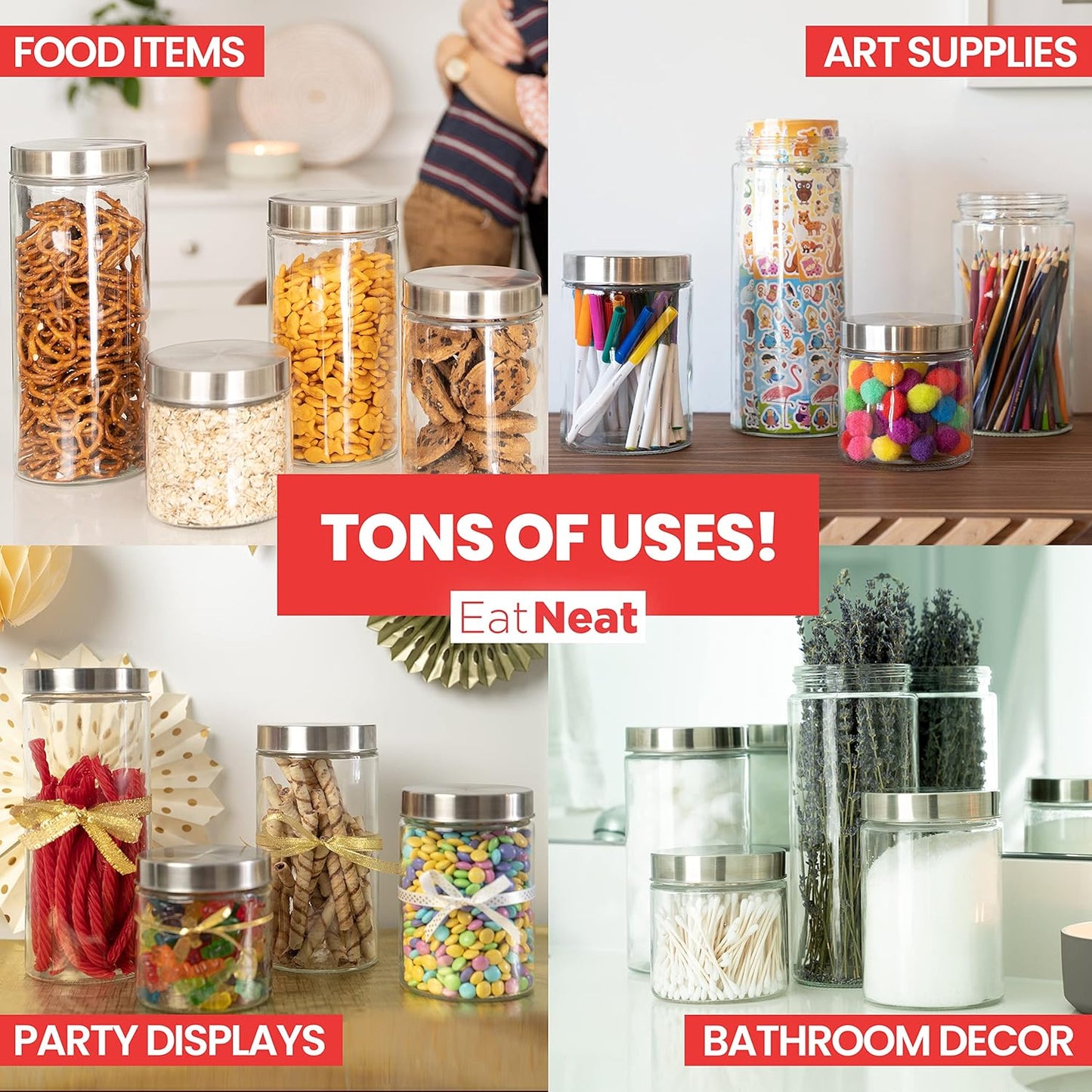 EatNeat 4-Piece Sleek Glass Canister Set with Brushed Stainless Steel Lids – Giftable, Durable Storage Containers for Countertop Use – Dishwasher-Safe Jars in Various Sizes for Pantry & Kitchen