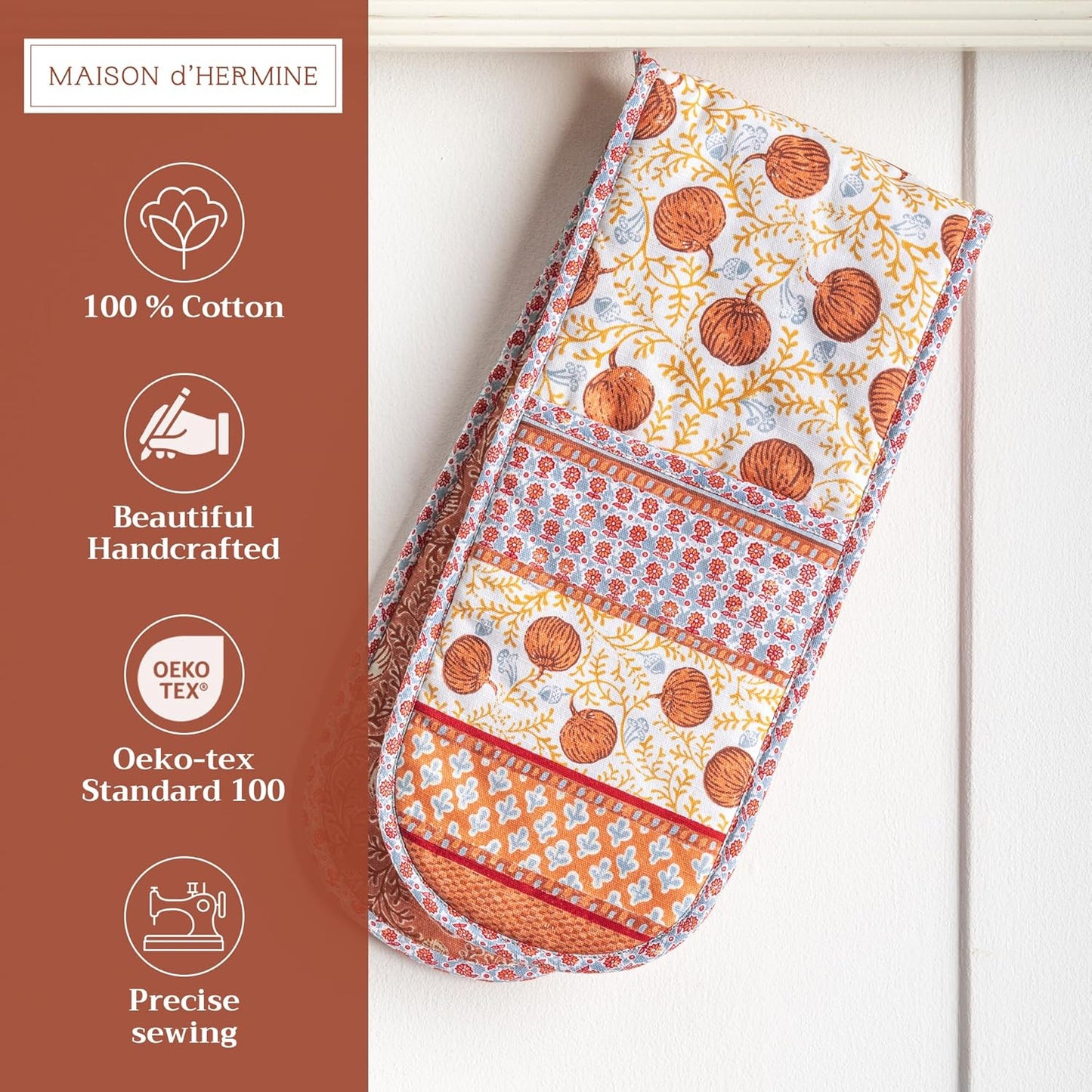 Maison d' Hermine Double Oven Mitts 100% Cotton 7"x35" Double Oven Mitt Heat Resistant BBQ Cooking Gloves with Loop, Baking, Grilling, Home, Kitchen, Handling Hot Pans (Harvest Festival)