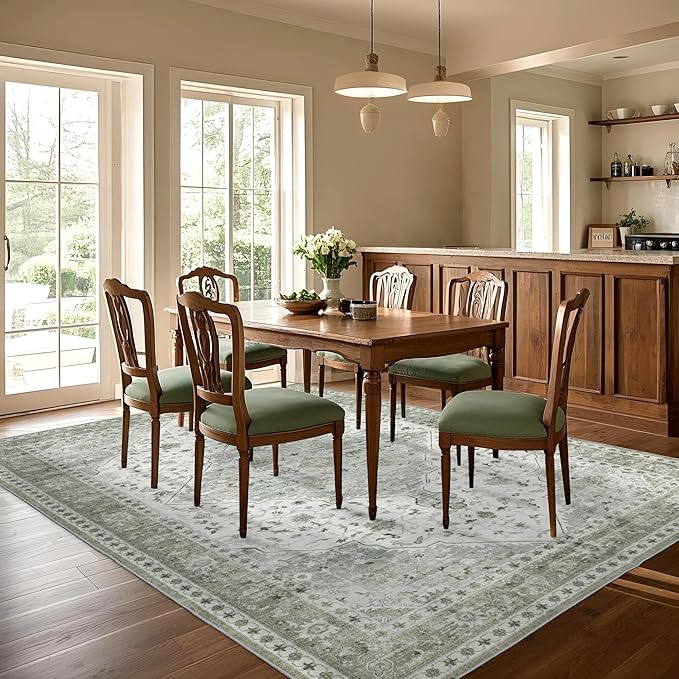 Area Rug for Living Room - Vintage Indoor Machine Washable Rug for Bedroom Dinning Room Floor - Soft Low-Pile Carpet Non-Slip Backing Floral Rugs for Office (Sage Green, 8' × 10')