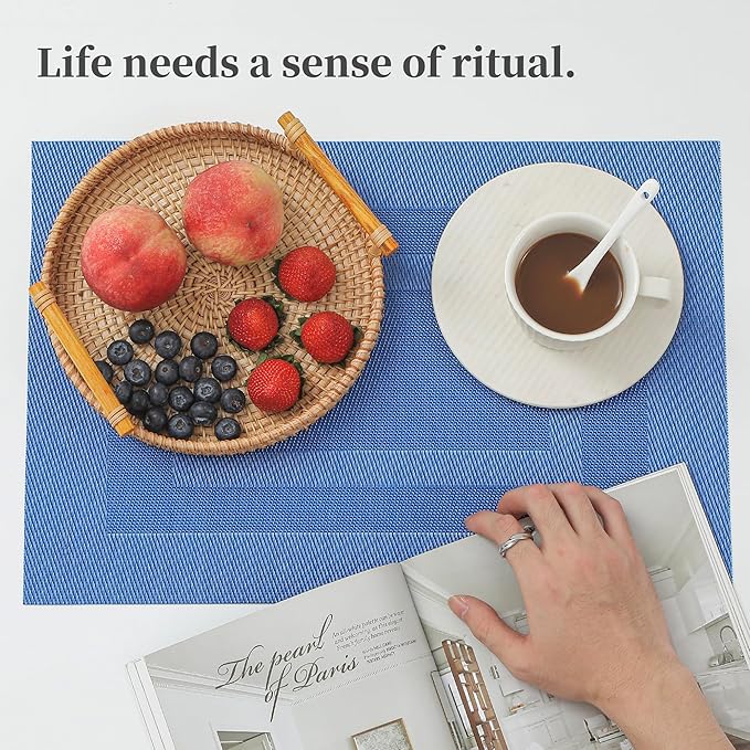 Leetaltree Blue Frame Placemats Set of 8 - Heat Resistant Non-Slip Place mats for Dining Table, Washable Durable PVC Vinyl Woven Table Mats（Blue Frame, 8）