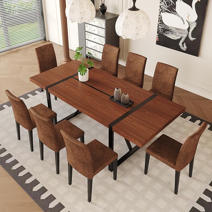 86.6" Dining Table Set for 8, Modern 9 Piece Wood Kitchen Table and Chairs Set, Rectangle Dining Room Table with 8 PU Leather Upholstered Chairs, Ideal for Home, Kitchen, or Apartment Dining