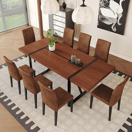 86.6" Dining Table Set for 8, Modern 9 Piece Wood Kitchen Table and Chairs Set, Rectangle Dining Room Table with 8 PU Leather Upholstered Chairs, Ideal for Home, Kitchen, or Apartment Dining