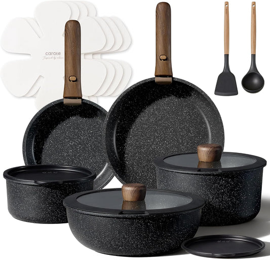 CAROTE 17pcs Pots and Pans Non Stick, Cookware Sets Detachable Handle, Induction Kitchen Pots and Pans,NonStick Cooking Set, Oven/Dishwasher/Fridge Safe, Space Saving