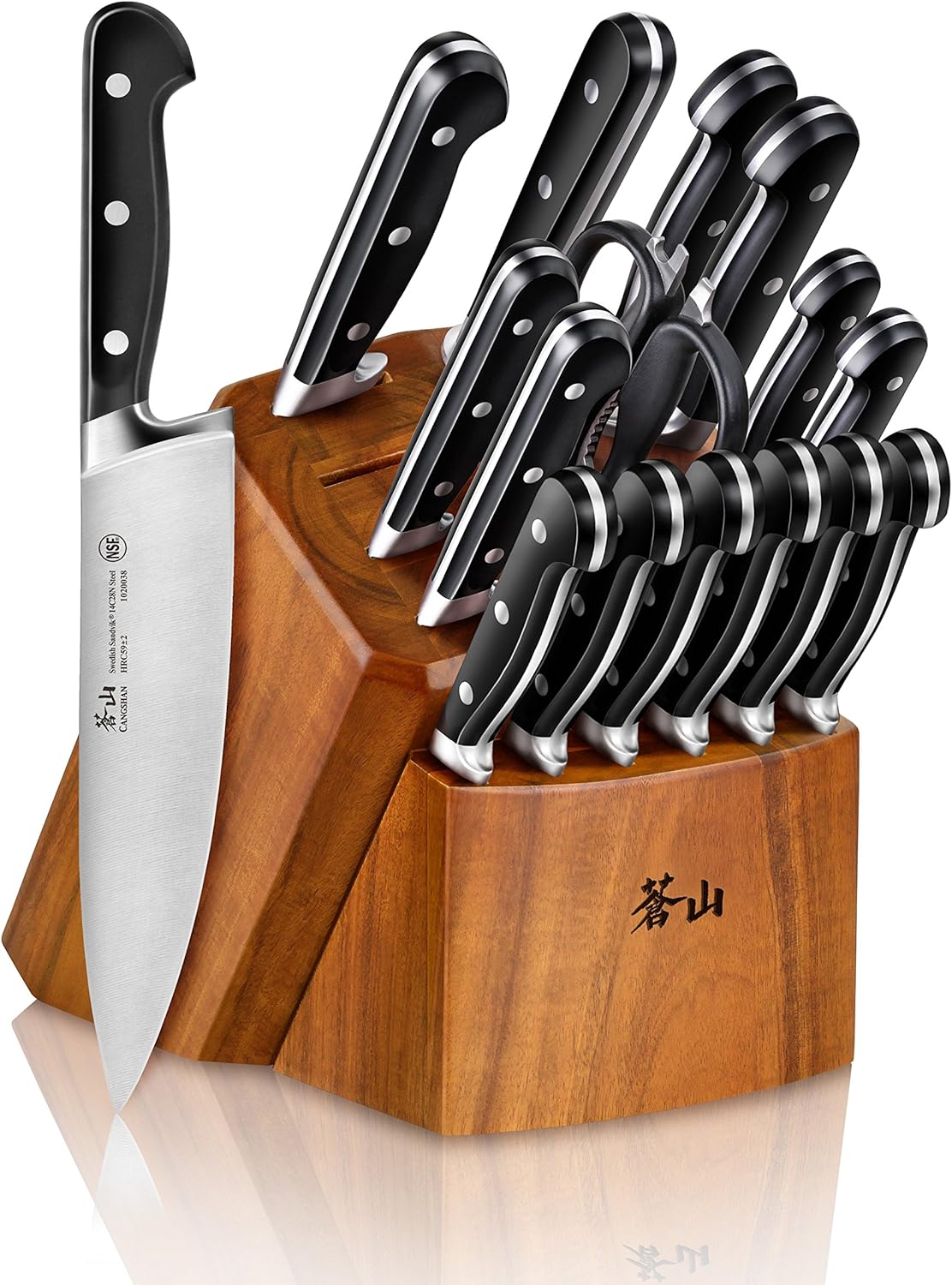 Cangshan TV2 Series 1023053 Swedish 14C28N Steel Forged 17-Piece Knife Block Set, Acacia