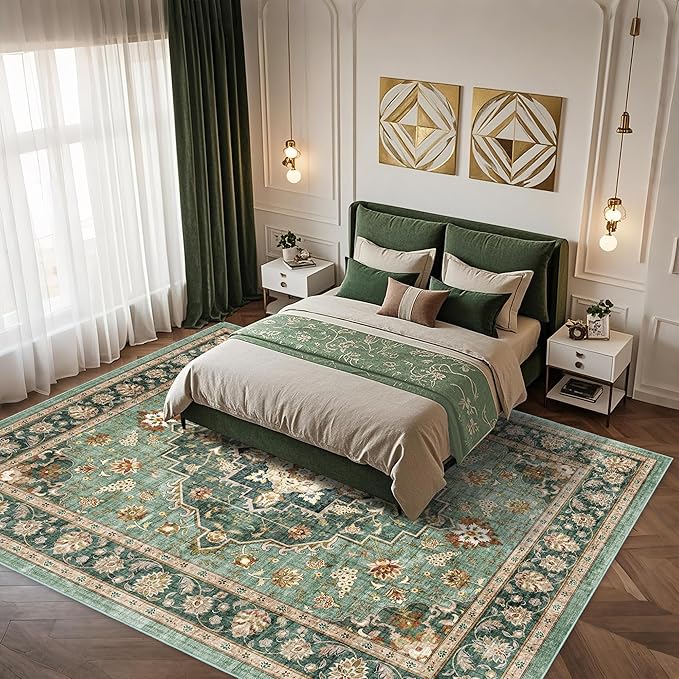 Area Rug for Living Room - Indoor Machine Washable Vintage Rug for Bedroom Dinning Room Floor - Soft Floral Carpet Non-Slip Backing Low-Pile Rugs Office (Forest Green, 8' × 10')
