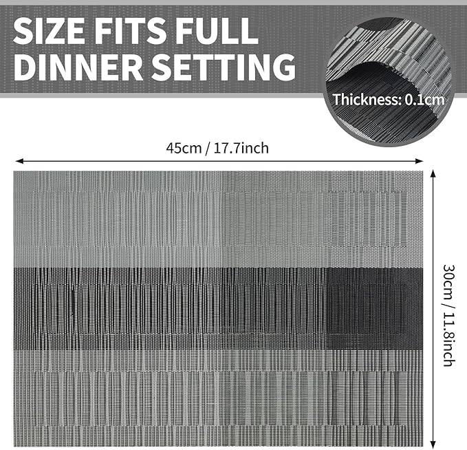 Dark Gray Placemats Set of 12-Durable PVC Vinyl Woven Washable Place Mats for Dining Table Heat Resistant Non-Slip Indoor/Outdoor Table Mats 12 * 17 inch