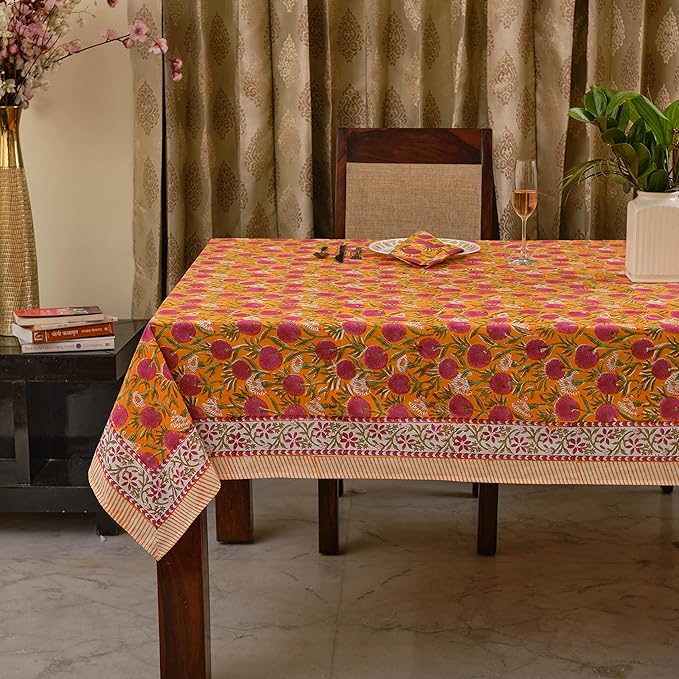 Ridhi -Bubblegum Pink Cotton Tablecloth, Handblock Print Floral Table Cloth for Kitchen Dining Linen I Thanksgiving, Christmas, Wedding, Fall Décor 16 Seater 72X190 Inches Rectangle