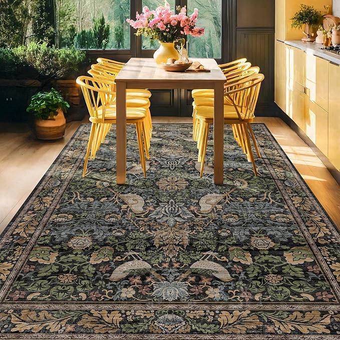 Boho Living Room Rug 5x8 - Dark Green Rugs 5x8 for Bedroom, Dinning Room, Office with Vintage Forest Farmhouse Botanical & Bird Design, Non Slip Stain Resistant Low Pile - Brown