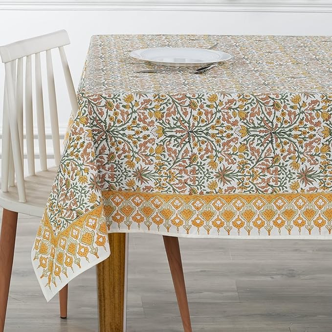 Goldenrod Yellow, Fern Green and Peanut Brown Indian Hand Block Printed 100% Pure Cotton Kitchen Tablecloth Home Decor Table Cloth Dinner Party Gift for Mother's day Her Mom Home Wedding 80x120 Inches