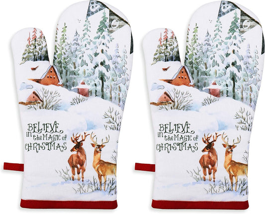 AMOUR INFINI Oven Mitts Set of 1 Quilted Liner with Hanging Loop Non Slip, Heat Resistant, Washable Reusable Oven Mitt Gifts (Christmas Winter 7x13 Inches)