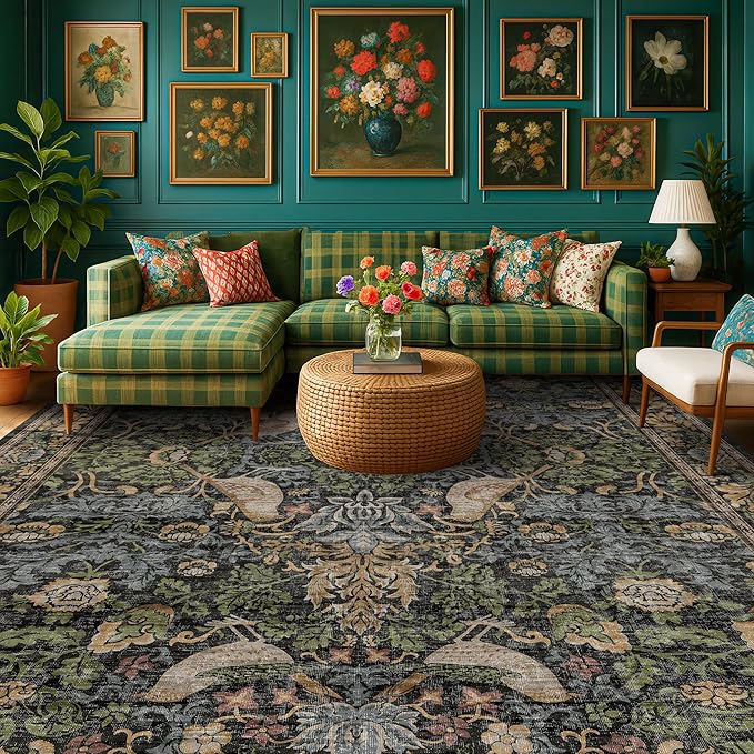 Dark Living Room Rug 8x10 - Large Washable Floral Area Rugs for Dining Room Under Table, Bedroom, Office, Birds and Leaves Nature Design, Non-Slip Low Pile (Dark Green/Brown)