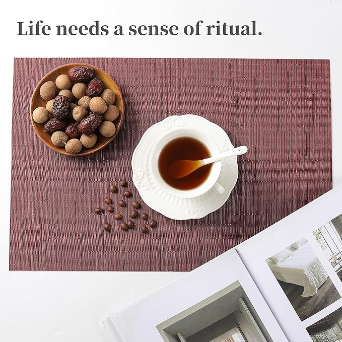 Leetaltree Burgundy Placemats Set of 6 - Heat Resistant Non-Slip Place mats for Dining Table, Washable Durable PVC Vinyl Woven Table Mats（Burgundy, 6）
