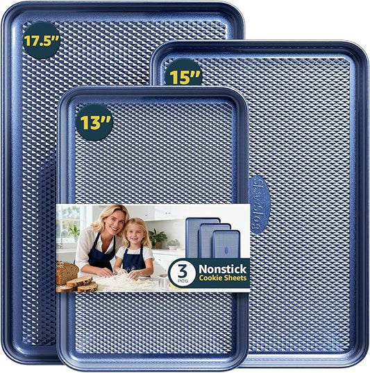 3Pcs Nonstick Baking Sheet, Baking Sheet Pan Set, Jelly Roll Pans, Cookies Sheet for Baking, Cookie Sheet Pan with Diamond Texture, Blue