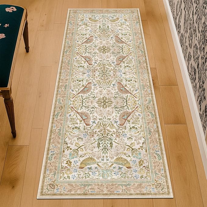 Boho Long Bathroom Runner Rug 2x6 - Floral & Bird Runner Rug for Kitchen Floor, Hallway, Laundry Room, Bedroom, Entrance, Beige Neutral Vintage Decor, Washable Non Slip Low Pile