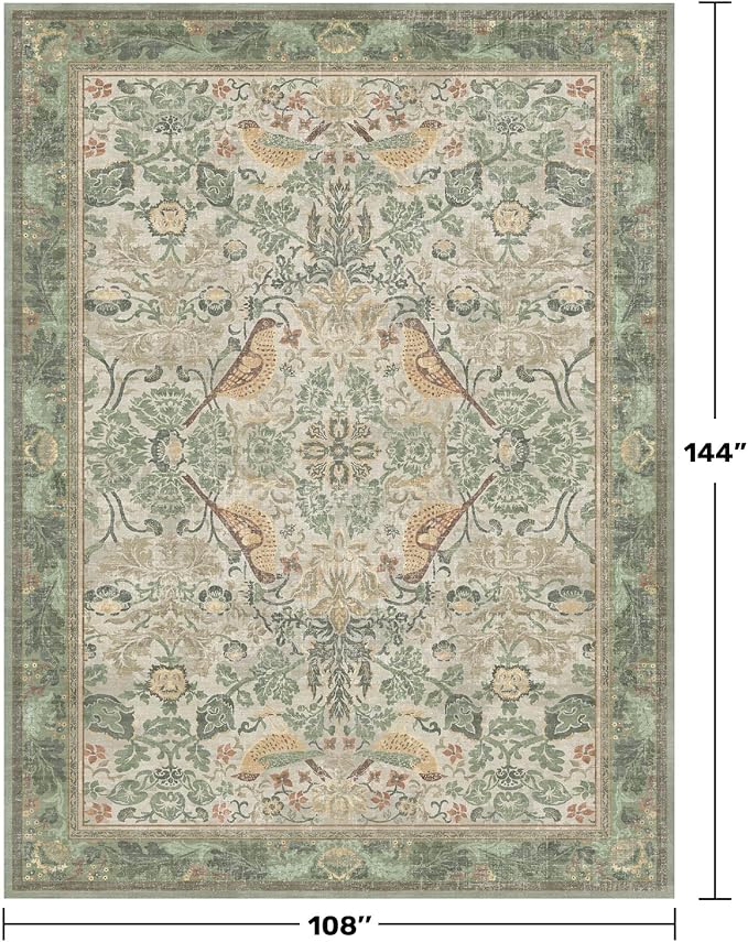 Boho Dining Room Rugs for Under Table 9x12 - Plant & Bird Patterned Rugs for Living Room, Bedroom Under Bed, Traditional Victorian Sage Green Décor, Washable Non Slip Folable Lightweight Carpet