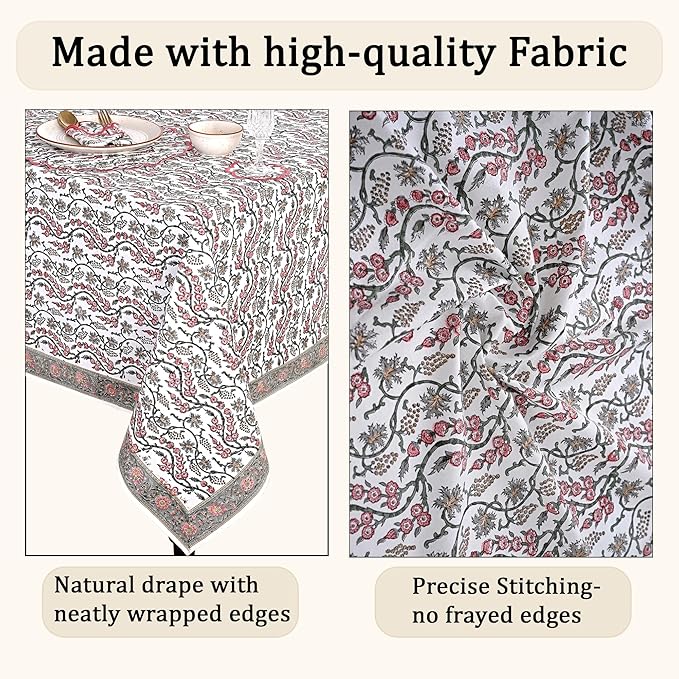 Ridhi Coral Pink Trails Hand Block Print Cotton Rectangle Tablecloth 108 x 70 inches Reusable Table Cover Decorative Everyday Use for Dining Room, Farmhouse, Home, Party, Festive & Wedding, Fall