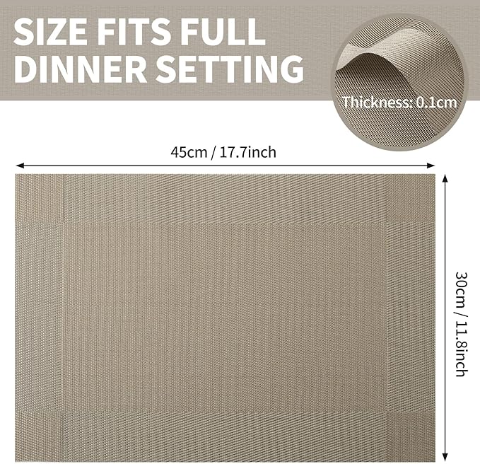 Silver Grey Placemats Set of 6-Durable PVC Vinyl Woven Place Mats for Dining Table Heat Resistant Non-Slip Washable Indoor/Outdoor Table Mats 12 x17 inch