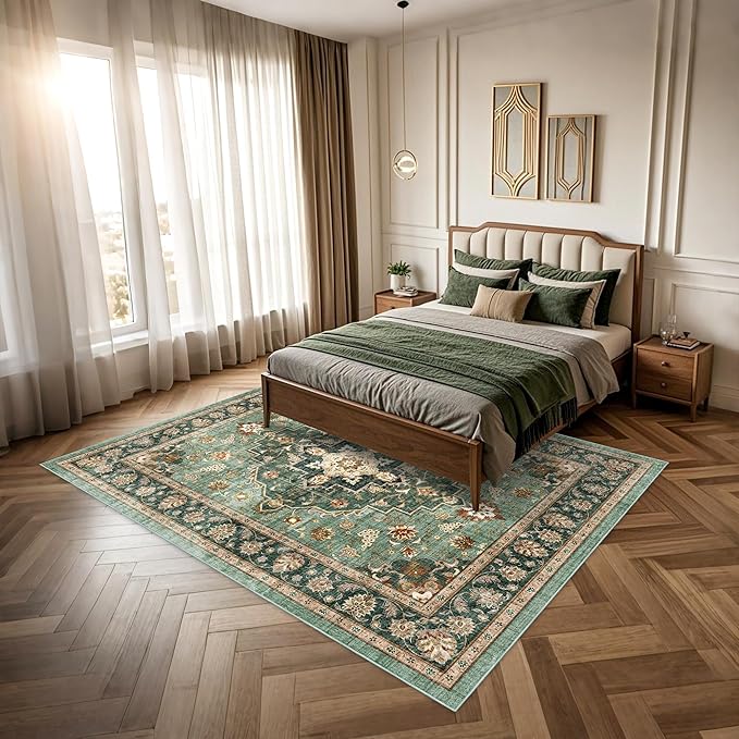 Area Rug for Living Room - Vintage Indoor Machine Washable Rug for Bedroom Dinning Room Floor - Soft Low-Pile Carpet Non-Slip Backing Floral Rugs for Office (Forest Green, 6' × 9')