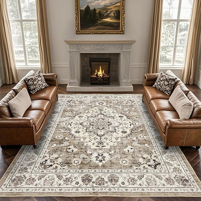 Area Rug for Living Room - Vintage Indoor Machine Washable Rug for Bedroom Dinning Room Floor - Soft Low-Pile Carpet Non-Slip Backing Floral Rugs for Office (Ivory/Beige, 9' × 12')