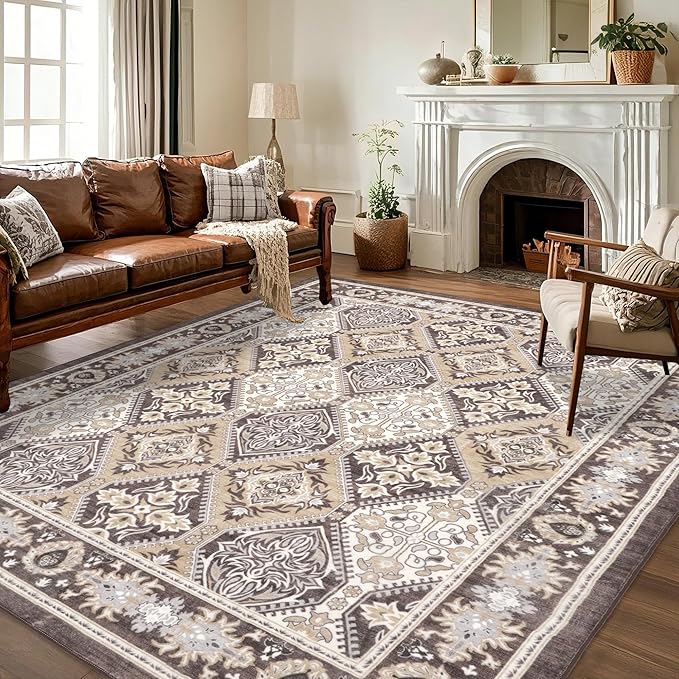 Area Rug for Living Room - Vintage Indoor Machine Washable Rug for Bedroom Dinning Room Floor - Soft Low-Pile Carpet Non-Slip Backing Floral Rugs for Office (Reddish Brown, 8' × 10')